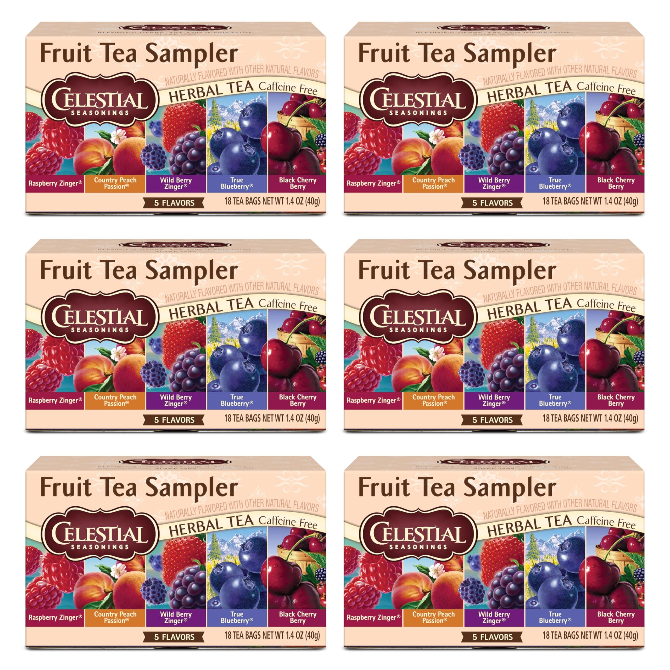 Celestial Seasonings Fruit Tea Sampler Herbal Variety Pack, Caffeine Free, 18 Tea Bags Box, (Pack of 6)