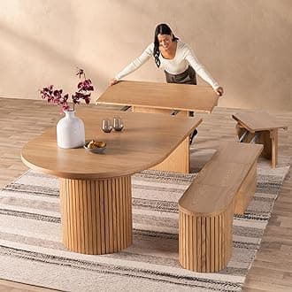Transformer Table - Solid Wood Extendable Round Dining Table Set with Bench, Expandable Round Dining Set, Seats 4-10, Seat with Hidden Panel Storage, Natural (Table + Bench)