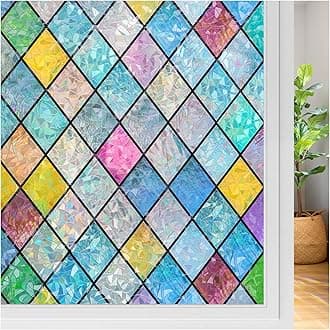 rabbitgoo Stained Glass Window Film Rainbow Film Decorative 3D Privacy Sticker Colorful Lattice Window Decals Cling, Sun Catcher Static Decals for Home 17.5"×78.7"