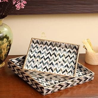 DULI Set Of 2 Mdf Wood Enamel Coated Multipurpose Trays| Serving Tray For Home & Dining Table | Water & Heat Resistant Durable| (10 X 10 & 12 X 12 Inches) (Mop Zigzag, Square)
