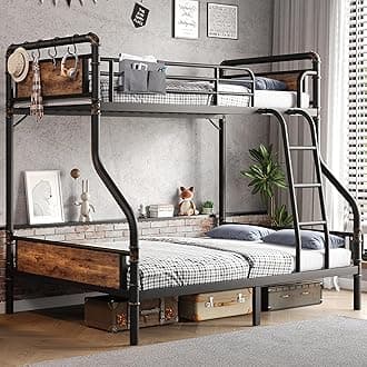 Jocoevol Metal Bunk Bed Twin Over Full, Industrial Bunkbeds Heavy Duty Bed with Safety Guard Rails and Space-Saving Design, Steel Bed for School, Bedroom (Vintage Brown)