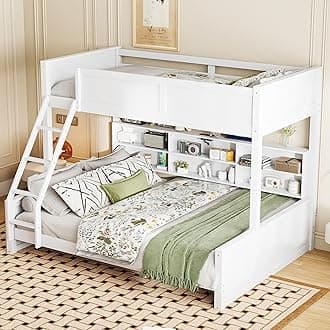 Twin XL Over Queen Bunk Bed for Kids/Adults,Bunk Beds with Charging Station and Bookcase,Solid Wood Bunk Beds Twin XL Over Queen for Girls,Boys,Antique White