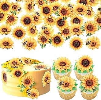 60 PCS Edible Sunflower Cupcake Toppers Wafer Paper Sunflower Cupcake Picks Edible Flower Party Decorations for Baby Shower Sunflowers Birthday Party Cake Toppers Food Decorations Supplies