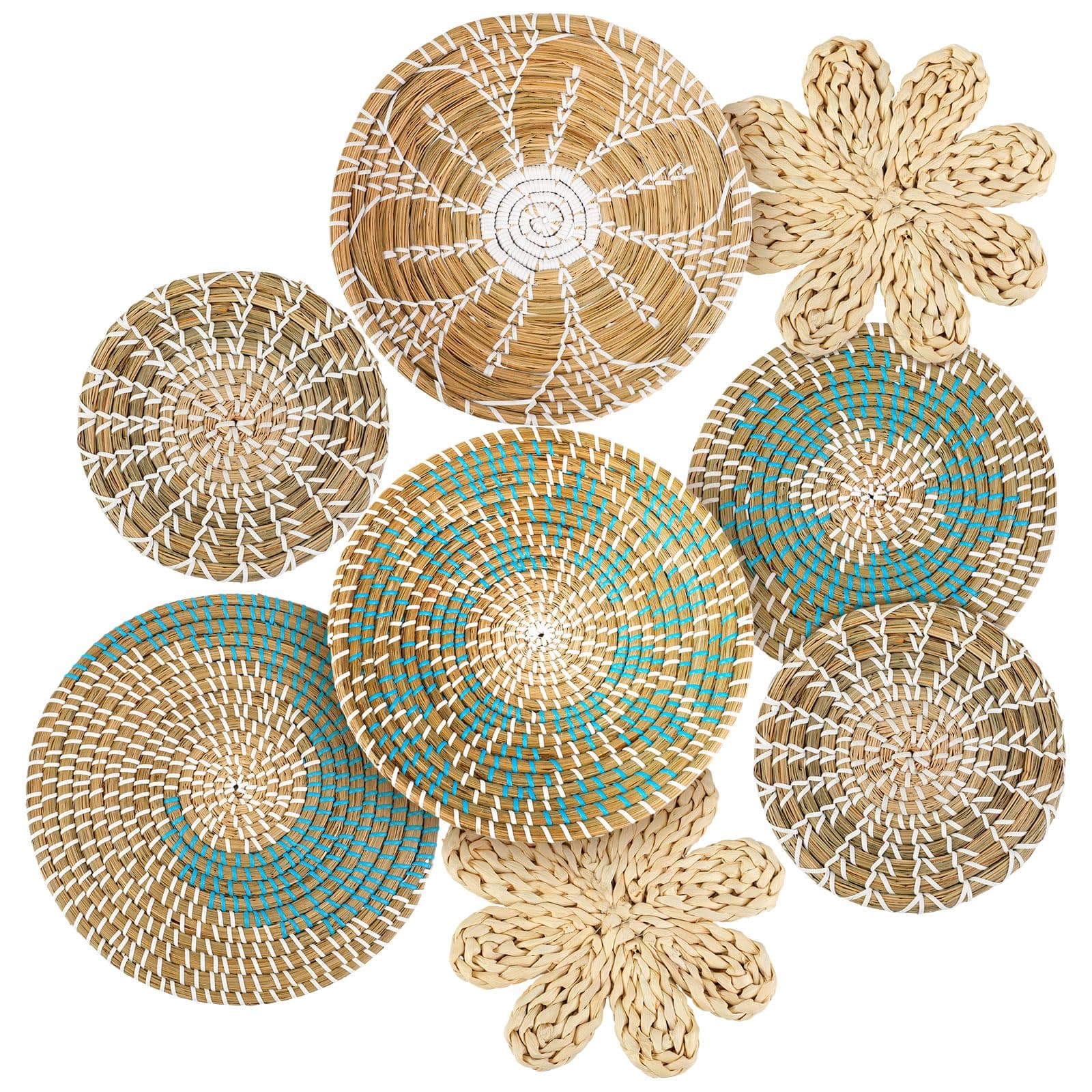 Xuhal 8 Pcs Boho Wall Basket Decor Decorative Bulrush Woven Basket Wall Decor Rustic Farmhouse Hanging Baskets for Kitchen Rustic Home Summer Decorations