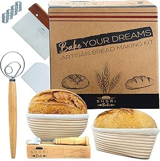 Bread Banneton Proofing Basket Set of 2 Round 9 Inch & 9.6 Inch Oval + Sourdough Bread Making Tools Kit, Baking Gifts for Bakers, Liner, Bread Lame, Bowl & Dough Scraper, Danish Dough Whisk