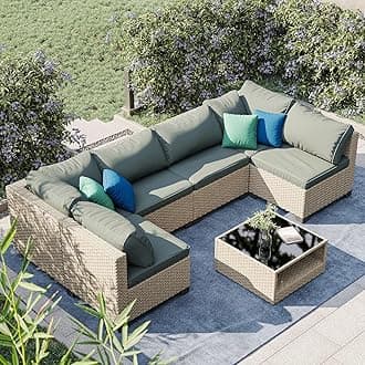 Patio Furniture Set 7-Piece, All-Weather Outdoor Conversation Set Sectional Sofa with Water Resistant Grey Thick Cushions and Coffee Table（Grey）