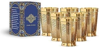 Pure Brass Glass Tumbler with Embossed Design, for Drinking Serving Water, Yoga & Ayurveda, Volume-270 ML, Set of 6