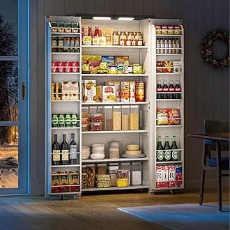 Kitchen Pantry Cabinets - 72" Tall Craft Storage Cabinet with LED Lights, Adjustable Shelves Sewing Organizer for Craft Room/Dinning Room or Living Room, in Grian White