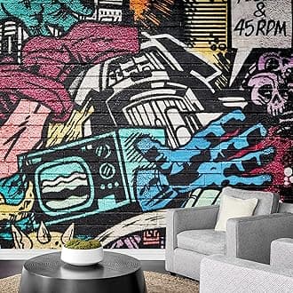 wall26 Removable Wall Sticker/Wall Mural Spray Paint Neon Cartoon Brick Wall City Graffiti & Street Art Cityscape Digital Art Realism Urban Edgy for Living Room, Bedroom, Office - 66x96 inches