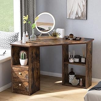 MeraxCorner Computer Desk Triangle Study Desk L-shaped Desk Dressing Table PC Laptop Table with 2 Drawer Large Storage Space Environmental Wood for Office or Home Brown