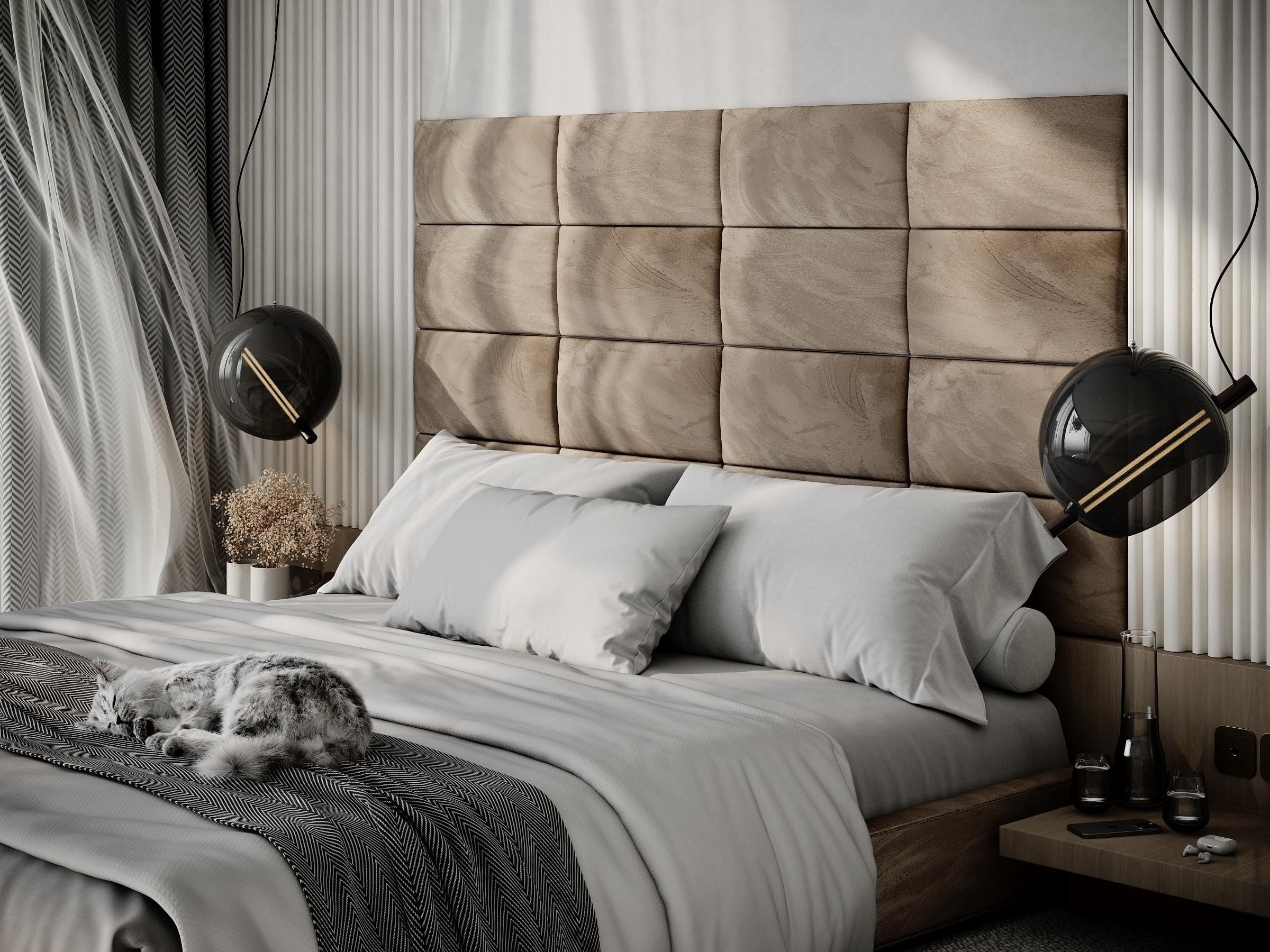 2 Pack — Upholstered Decorative Wall Panels Velvet Headboard Padding | Cushioned Planks | Padded Decor Collision Avoidance | Acoustic Soundproofing Treatment | (Beige, 2x Rectangle (25x50cm))