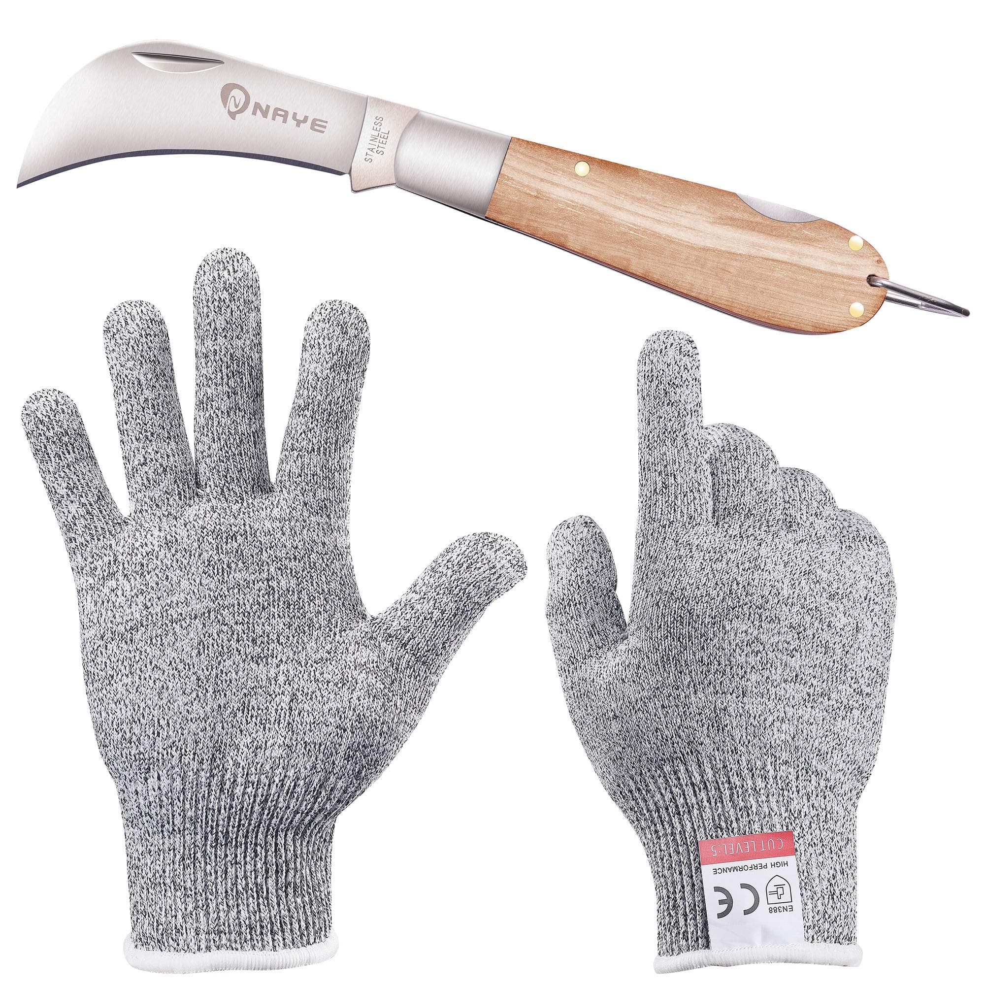 NAYE Pocket Knife With Hawkbill Blade For Pruning Cutting,Includes Cut Resistant Glove,Gardening Gift