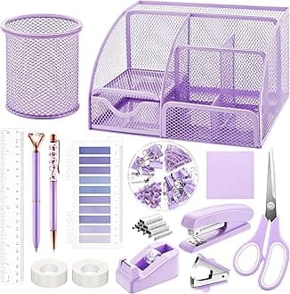 - 15 Pcs Purple Office Supplies Set Mesh Desk Organizer Accessories Kit Include Stapler Tape Dispenser Staple Remover Clips Ruler Scissors Sticky Notes for Office School Home Women (Purple)