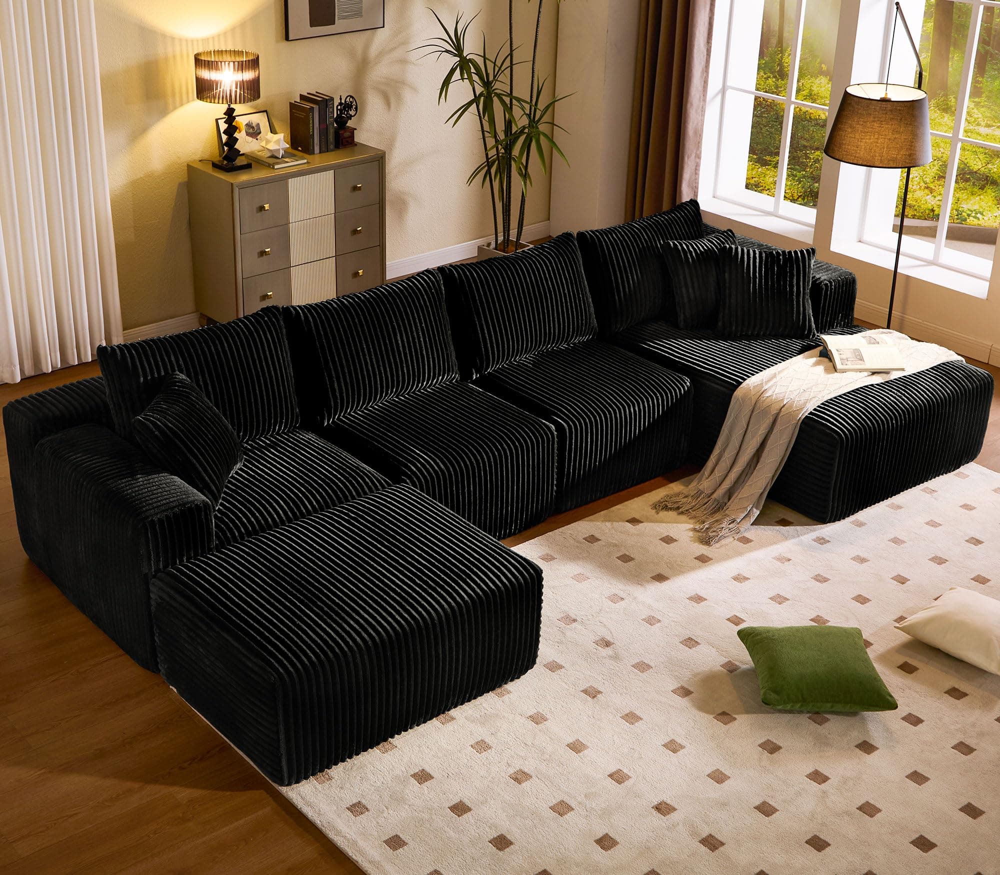 Cloud Modular Sofa Couch with U-Shape Chaise and Big Ottoman Modern Sectional with Deep Seat, Upholstered Couches for Living Room,No Assembly Required, Plush Corduroy Fabric 139.37"(Black)