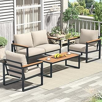 Patio Furniture Set, 4 Pieces Outdoor Patio Furniture with Coffee Table Set, Metal Patio Conversation Sets with Washable and High-Resiliency Sponge Cushions, Upgarded Beige