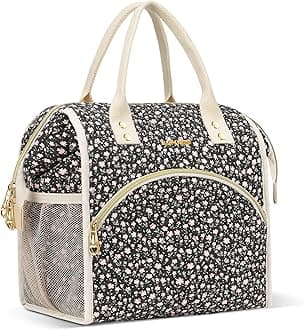 LOKASS Insulated Lunch Bag Women- Reusable 10 L Lunch Box for Women - Leakproof Tote Cooler Bag for Adults Work, Beach, Travel, Picnic （Black Small Florals）