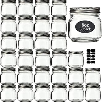 Mason Jars 8 oz 30 Pack- Small Mason Jars With Silver Lids -1/4 Quart Canning Jars| Storage Glass Jars With Lids For Jelly, Jam, Honey, Pickles - Spice Glass Jars - With 30 Chalkboard Labels