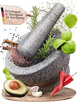 ChefSofi Mortar and Pestle Set - Unpolished Heavy Granite for Enhanced Performance and Organic Appearance - Included: Anti-Scratch Protector + Italian Recipes EBook - 6 Inch, 2 Cup-Capacity