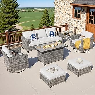 ovios 7 Pieces Patio Furniture Set with Rectangular Fire Pit Table, Swivel Rocking Chairs, Outdoor High Back Wicker Rattan Conversation Set for Deck Porch, Grey