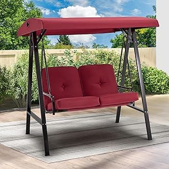 AECOJOY Outdoor Patio Swing Chair for Adults, 2-Seat Porch Swings with Adjustable Canopy, Outside Swing Bench with Removable Cushion, Suitable for Backyard, Garden, Yard, Poolside, Balcony (Red)