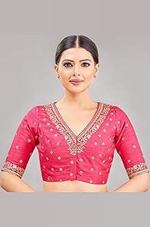Studio Shringaar Women's Cotton Elbow Length Sleeves Embroidered Wedding Saree Blouse