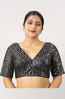 Women's Sequin Embroidered V Neck Elbow Half Sleeve Readymade Saree Blouse Indian Ethnic Designer Stitched Plus Size Top Padded Lavender Pink Blue Silver Black Gold Red Green | E1