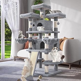 WEEWAY 68 Inches Multi-Level Large Cat Tree for Feline‌/Big Tower/Condo/Cozy Plush Kitty Perches/Fluffy Balls/Sisal Scratching Posts and Hammocks/Cave/Furniture Activity Center/Grey