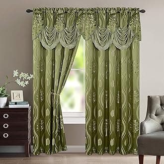 Elegant Comfort Aurora Jacquard Look Curtain Panel Set with Attached Valance 54" X 84 inch (Set of 2), Sage
