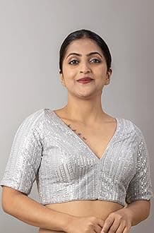 Women's Sequin Embroidered V Neck Elbow Half Sleeve Readymade Saree Blouse Indian Ethnic Designer Stitched Plus Size Top Padded Lavender Pink Blue Silver Black Gold Red Green | E1