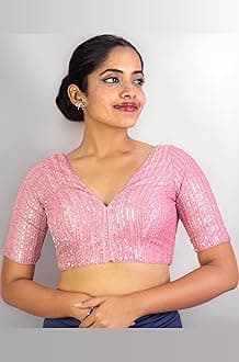 Women's Sequin Embroidered V Neck Elbow Half Sleeve Readymade Saree Blouse Indian Ethnic Designer Stitched Plus Size Top Padded Lavender Pink Blue Silver Black Gold Red Green | E1