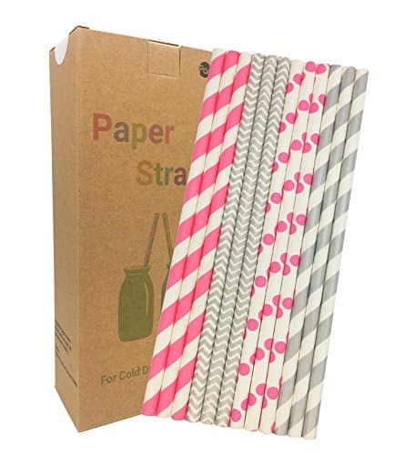 Paper straws Biodegradable 100 Pcs Drinking Novelty Decorations for Party Birthday Wedding Baby Shower Valentine in Light Neon Pink N Sliver
