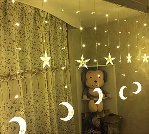 dulcecasa 2.3 m x 0.6 – 0.9 m Garlands Star Moon 138 Light Bulbs LED Lamp Decorative Waterproof Party Christmas Wedding Decoration Tree Curtain Bright Fairy Light Home Party B Blanco Caliente