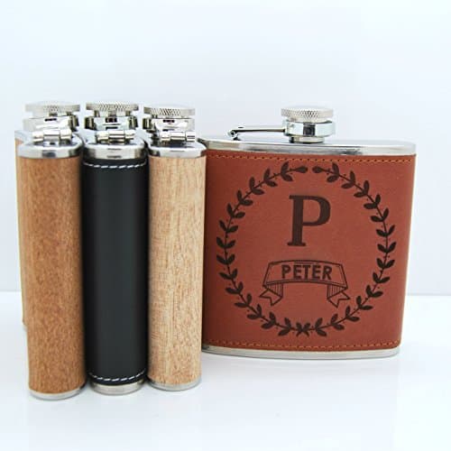 Personalized Monogram Leather & Wood Engraved 6oz Hip Flasks - Best Man/Grooms/Wedding/Father's Day/Birthday Gift (Black Leather Unboxed)