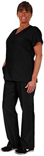 Absloute Womens 2 piece Scrub Set featuring a V- Neck 2 pocket Top and 4 Pocket Cargo Pant. (2X-Large, Black)