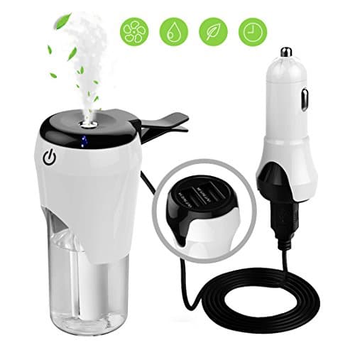 Car Humidifier Carperipher Protable Mini Aromatherapy Cool Mist Air Aroma Essential Oil Diffuser 50ml With 2 Ports USB Car Charger For Cell Phone With Auto Power-Off Protection Function
