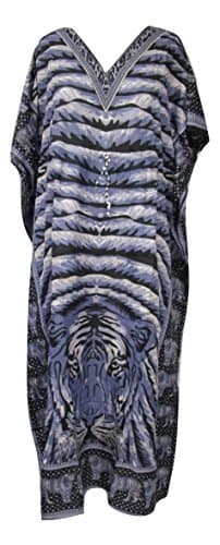 Risi Women's Tiger Pint Boho Kaftan, V-Neck Kimono Hippy Abaya Maxi Caftan Dress, One Size / Free Size Blue