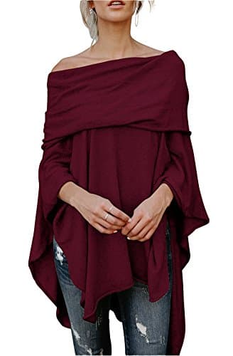 Womens Off Shoulder Irregular Hem Soft Knitted Poncho Sweater Pullovers