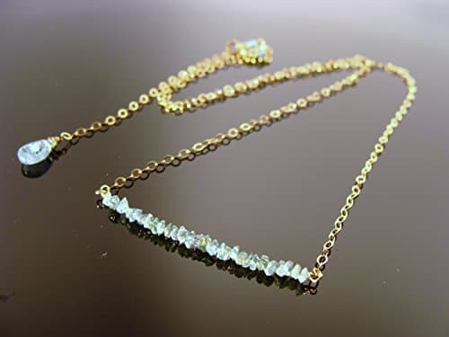 14K Solid Yellow Gold Genuine Blue Raw Rough Diamond Bar Necklace