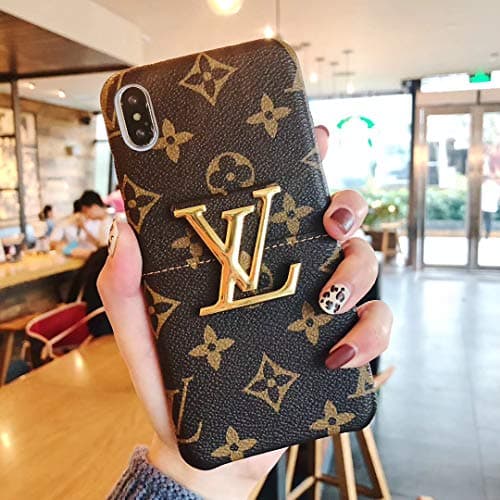 Phone Case for iPhone Xs, Phone Case for iPhone X, Luxury Designer Vintage PU Leather Back Metal Logo with Card Slots Protective Case for iPhone Xs, iPhone X