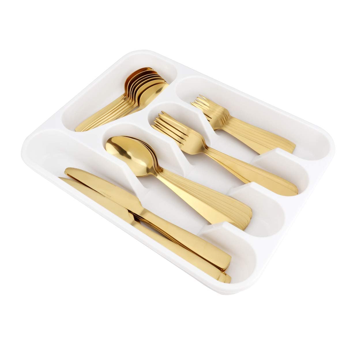 Moxinox 40-Piece Gold Silverware Flatware Set with Cutlery Drawer Organizer, Camping Stainless Steel Wedding Utensils Tray for 8, Include Dinner Knife,Dinner Forks,Dinner Spoons,Salad Forks,Teaspoon