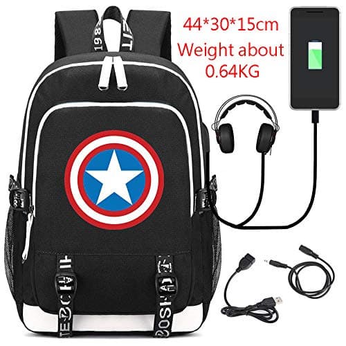 weyb Captain America Avengers Backpack USB Charging Backpack Student Backpack Computer Bag Travel Bag Black