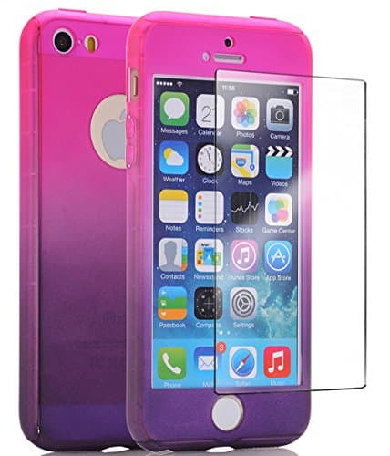 iPhone 5S Case With Tempered Glass Screen Protector, Liberwill Ombre Colorful Full Body Protect Slim Fit Fade Rose to Purple Ultra Thin Light Weight Hard Snap-On Case for Apple iPhone 5 & iPhone 5S