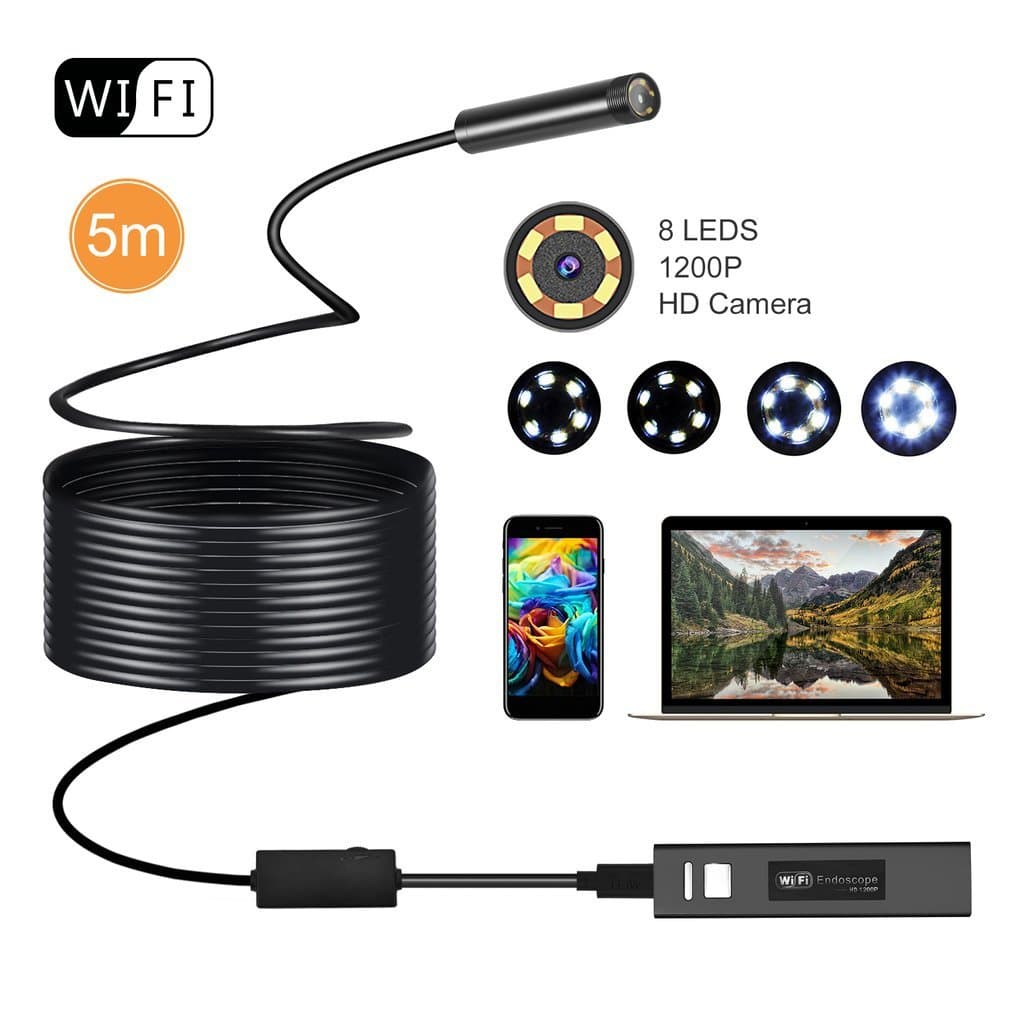 LESHP Wireless Endoscope, WiFi Borescope Inspection Camera 2.0 Megapixels HD Snake Camera for PC/Latop/Computer/Android/IOS Smartphone/iPhone,/Samsung, 16.4 ft (5 m)