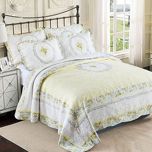 DONEUS 3 Piece Bedspread Coverlet Sets Reversible Patchwork Bedding Quilt Set with 2 Matching Pillow Shams Lightweight Floral Pattern Oversized Quilted Comforter Set King Size