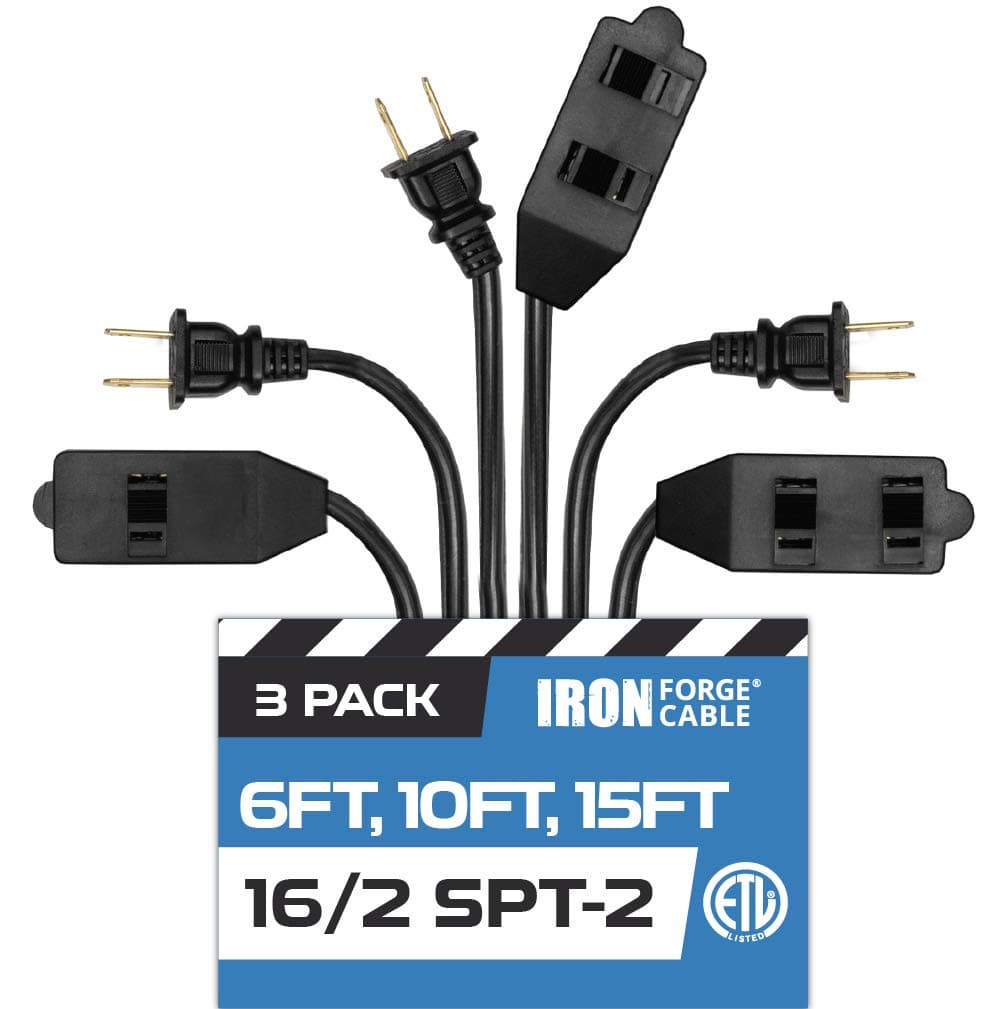 IRON FORGE CABLE16 Gauge Black Indoor Extension Cord with Multiple Outlets - 3 Pack, 2 Prong Extension Cords 6ft 10ft & 15ft - 16/2 Durable Electrical Cable