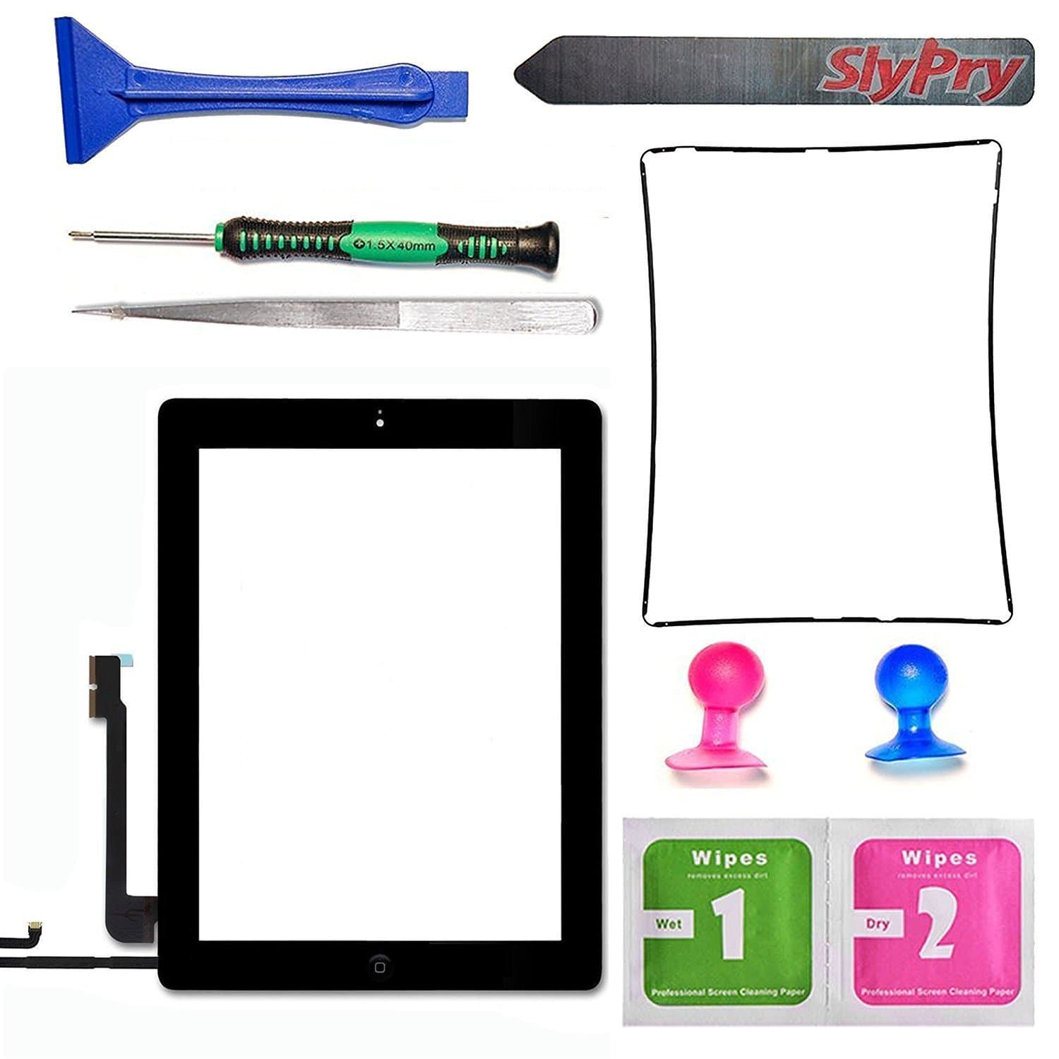Prokit Adhesive Black Ipad 4 Digitizer Touch Screen Front Glass Assembly - Includes Home Button + Camera Holder + Frame Bezel + Preinstalled Adhesive + Cleaning Kit with Slypry Premium Tool Kit