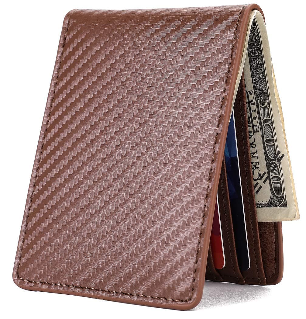 Mens Slim Front Pocket Wallet ID Window Card Case with RFID Blocking - Carbon Fiber Texture Coffee