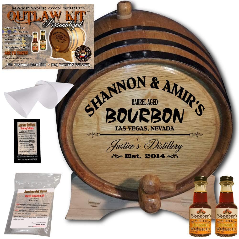 Personalized Whiskey Making Kit (062) - Create Your Own Honey Bourbon Whiskey - The Outlaw Kit from Skeeter's Reserve Outlaw Gear - MADE BY American Oak Barrel - (Oak, Black Hoops, 2 Liter)