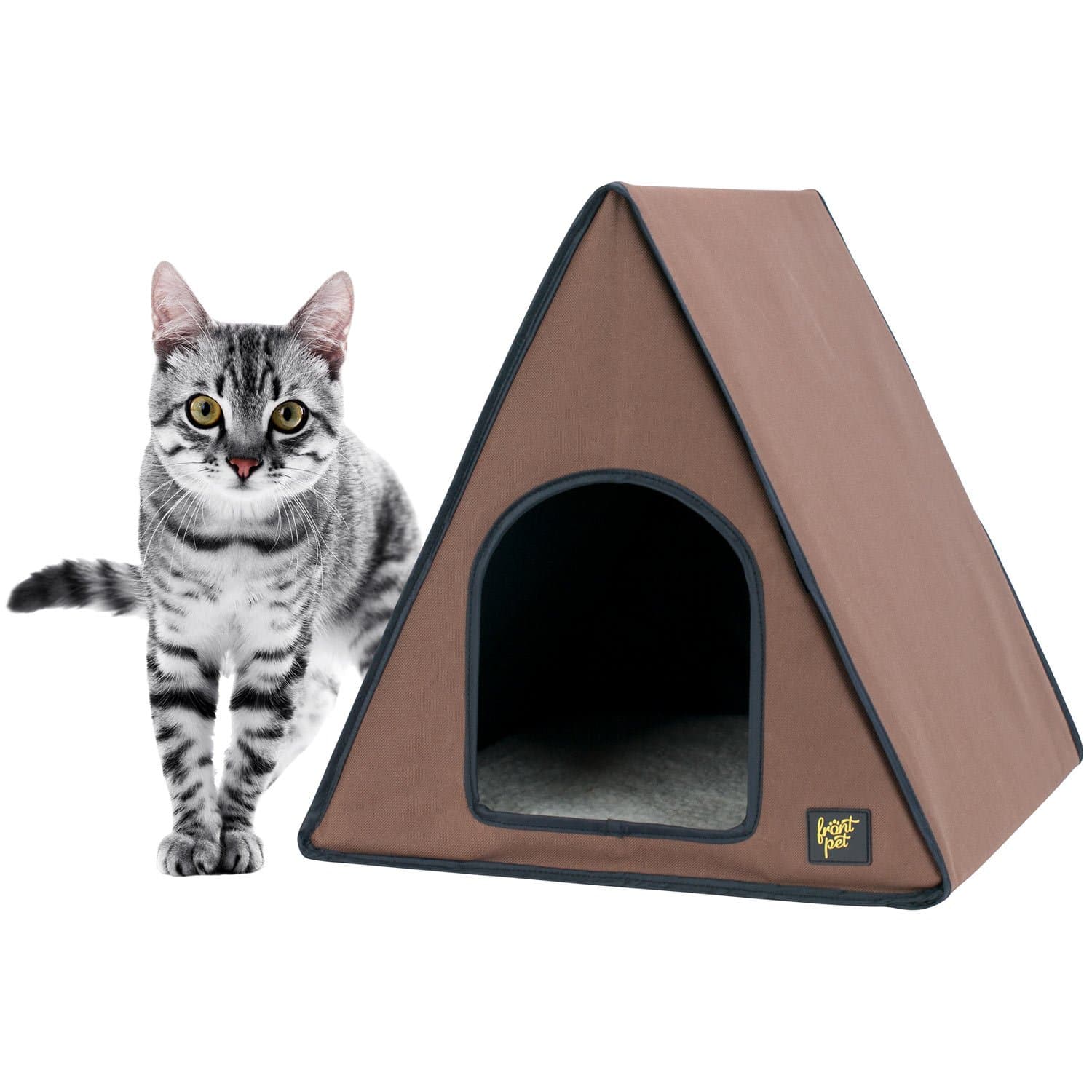 FrontPet A-Frame Heated Cat House with Fleece Bed Insert Pad & Protected Double Door Openings- Brown/Cat House for Indoor Cats/Cat House/Cat Tent for Outdoor & Indoor Cats - 40 Watts