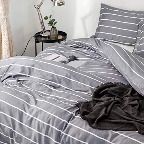 Omela Luxury White Stripes Pattern Soft Microfiber Grey Bedding Set Duvet Cover Set 3 Pcs (Double,WS-001)